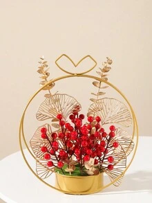 1入春節裝飾模擬植物花籃，金色手持花籃，創意插花，新年家居節日裝飾 - 彩色 - 查看 3