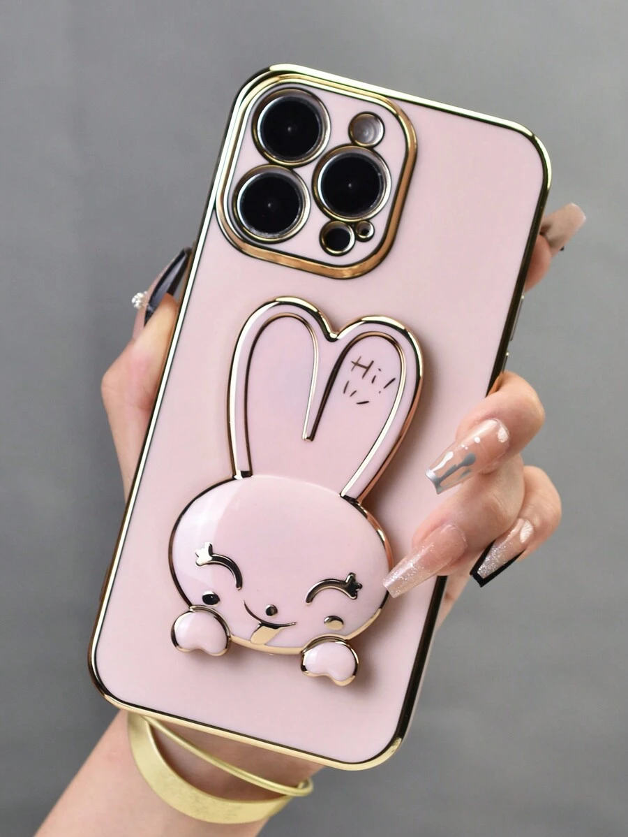 1pc Plating Long Ear Rabbit Shaped Phone Case With Hidden Stand & Shockproof Protection Compatible With IPhone 7/8/11/12/13/14/15/X/Xr/Xs/Plus/Pro/Pro Max/Se2/Mini Series, Available In Black/Purple/Pink/White/Green/Blue - Pink - View 1