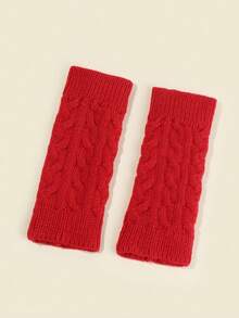 1pair Autumn/winter Warm Knitted Fingerless Gloves For Women, Students - Red - View 3