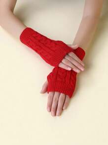 1pair Autumn/winter Warm Knitted Fingerless Gloves For Women, Students - Red - View 1