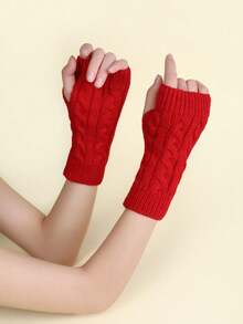 1pair Autumn/winter Warm Knitted Fingerless Gloves For Women, Students - Red - View 2