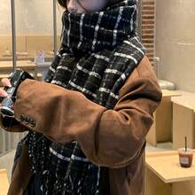2023新款女士圍巾,秋冬季款,多用途格紋厚款毛線頸部保暖圍巾,單件 - 黑色 - 查看 3