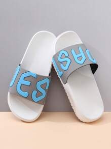 Men's Ins Letter Printed Beach Slippers, Couples, Thick Soles, Anti-Slip, Wear-Resistant, Home Indoor/Outdoor Flip Flops, Plus-Size - Blue - View 5