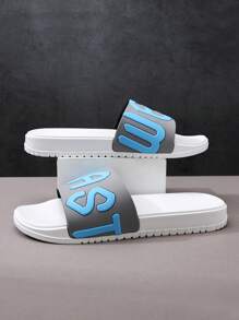 Men's Ins Letter Printed Beach Slippers, Couples, Thick Soles, Anti-Slip, Wear-Resistant, Home Indoor/Outdoor Flip Flops, Plus-Size - Blue - View 8