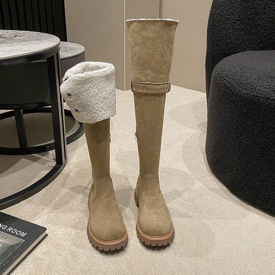 Women's Snow Boots Retro Style Thick Bottom Warm Thermal Lined Knight Boots Long Boots Women's Knee High Boots - Apricot - View 1