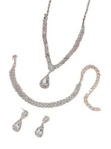 1 套 4 件时尚不对称形状项链耳环手链套装全水晶爪链 3 件/套 - 銀色 - 查看 1