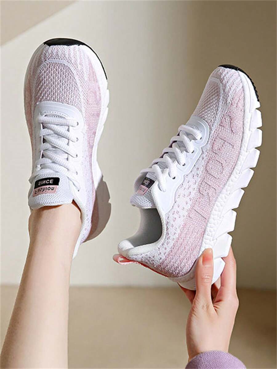 Zapatillas Deportivas Casuales Para Mujer De Primavera Y Otoño Con Tacón Bajo Y Grandes, Cómodas, Livianas Y Transpirables, Con Suela Plana Y Cordones - Rosa Pálido - Ver 1