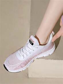 Zapatillas Deportivas Casuales Para Mujer De Primavera Y Otoño Con Tacón Bajo Y Grandes, Cómodas, Livianas Y Transpirables, Con Suela Plana Y Cordones - Rosa Pálido - Ver 3