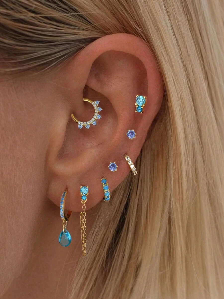 7 Pièces/set Boucles D'oreilles Délicates Pour Femmes En Zircone Cubique Bleue De Tonalité Bleu Mer, Adaptées Pour Les Fêtes, Les Vacances, Les Rendez-vous Ou Les Mariages - Or jaune - Voir 1