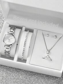 Women's Stainless Steel Band Fashionable Simple Dial Quartz Wristwatch + Jewelry Set (6pcs/Set) Holiday As A Gift For Students Returning To School