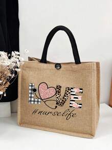 愛心豹紋聽診器護士字母印刷手提袋：感謝醫生護士禮物袋！旅行收納袋,亞麻提包,保暖冬季大容量禮物袋,適合旅行商務,假期,日常化妝袋,禮物,獻給護士和醫生的禮物袋 - 卡其色 - 查看 1