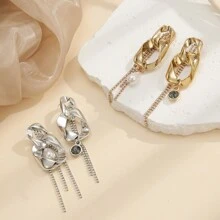 1pair Ccb Geometric Shape Claw Chain Dangle Party Earrings With Rhinestones For Women - Silver - View 2