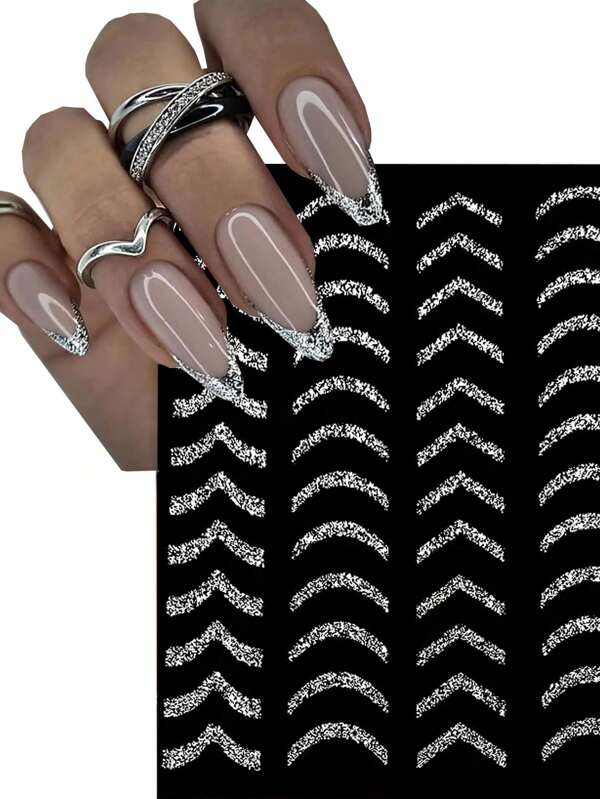 1 Feuille Autocollants D'art D'ongle Argenté French Glitter 3d Glitter Argenté Décalcomanies D'ongle Stripe Ligne Autocollants D'art D'ongle Auto-adhésifs Design D'ongle Fournitures D'art D'ongle Pour La Décoration Manucure Des Femmes Et Des Hommes
