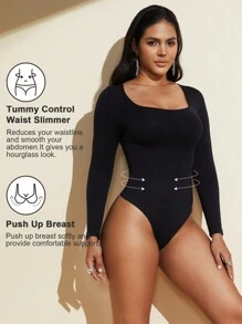 1件装女士无缝长袖圆领连体裤，丁字裤后背设计，平坦小腹，塑身连体裤，束腰带 - 黑色 - 查看 5