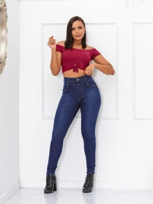 Women Jeans - 深色水洗藍 - 查看 1