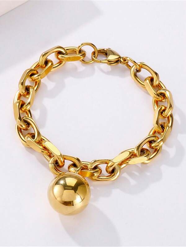 1 pièce Bracelet à pendentif boule en acier inoxydable doré et poli miroir à chaîne épaisse, style rétro, accessoire quotidien . Cadeau pour la Saint-Valentin, anniversaire, pour couples, mère, fête des mères