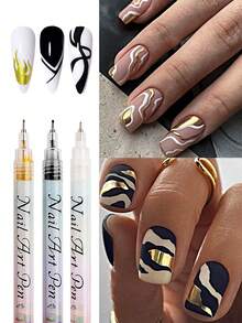 6pcs Nail Art Painting Graffiti Pen Set, Black And White Gold Silver Painting Markers 0.5mm Waterproof DIY Quick Dry Nail Line Art Painting Brush Nail Art Tools - Multicolor - View 3