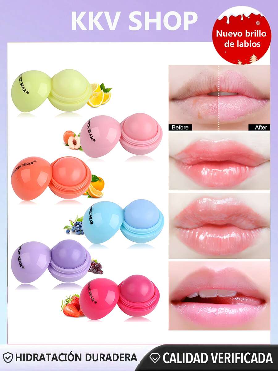 6pcs-Paquete de 6-Bálsamo Labial Nutritivo en Forma de Bola - Hidratante Facial y Bálsamo para Labios con Vitamina E y Rodillo, Labial Rojo, Labiales Mate para Cuidado de la Piel y Maquillajes Perfectos-Mejora Tus Labios Hoy-fruta Bálsamo labial en caramelo colores , natural & , portátil , labios & Base Maquillaje-2 - Multicolor - Ver 1