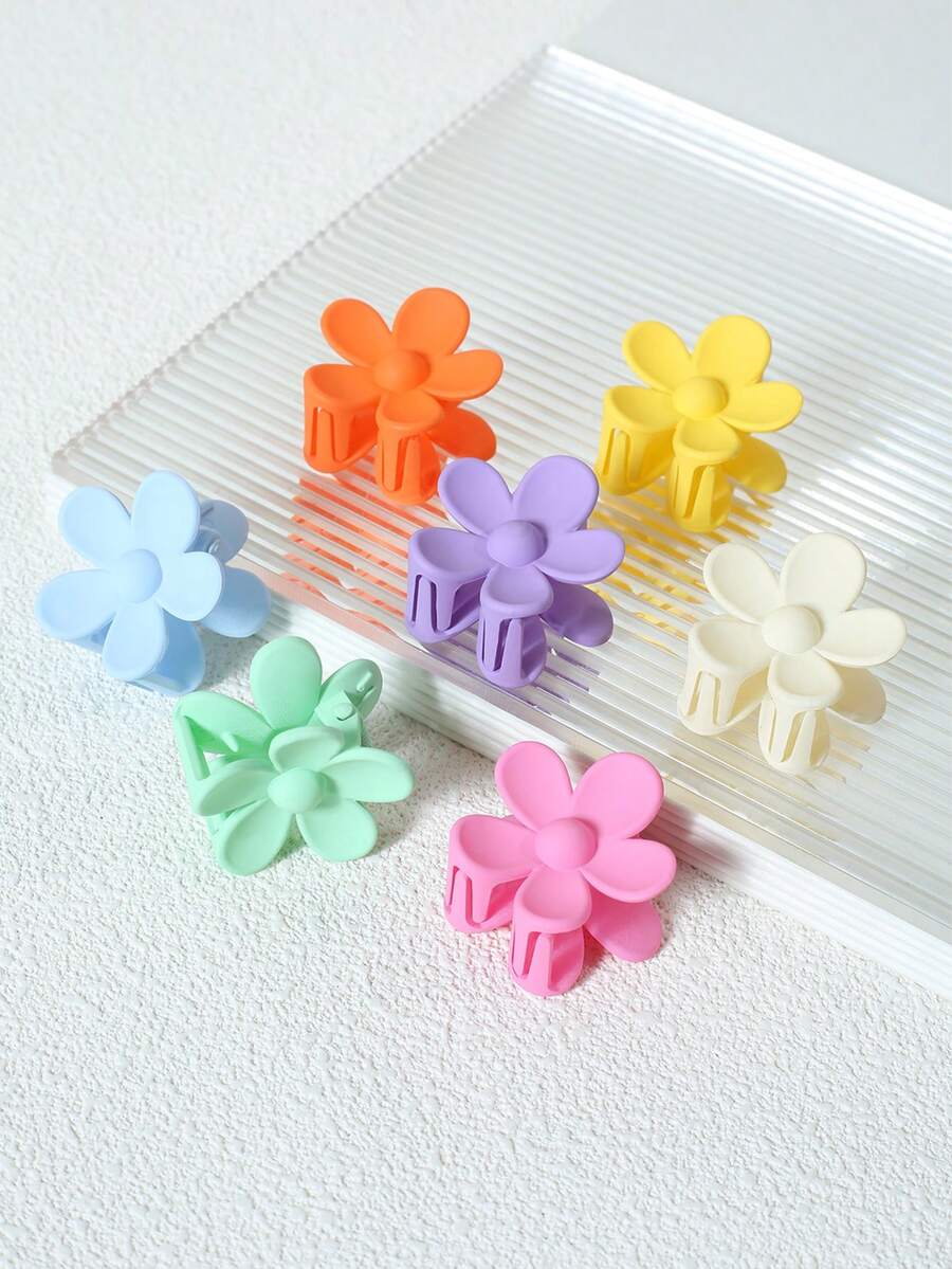 7入組簡約迷你花形髮夾，少女髮夾，啞光面夾子，馬卡龍色彩髮飾 - 彩色 - 查看 1