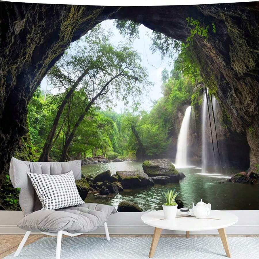 A Fresh Waterfall And Lake Pattern Tapestry, A Simple And Modern Style