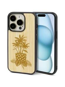 1 pieza Funda de teléfono minimalista de bambú con diseño de planta en maceta de árbol de coco compatible con Apple iPhone - Amarillo - Ver 4