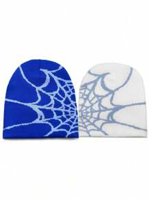 2 件裝情侶多色針織蜘蛛網圖案 Y2k 風格無簷小便帽,適合日常佩戴 - 彩色 - 查看 1