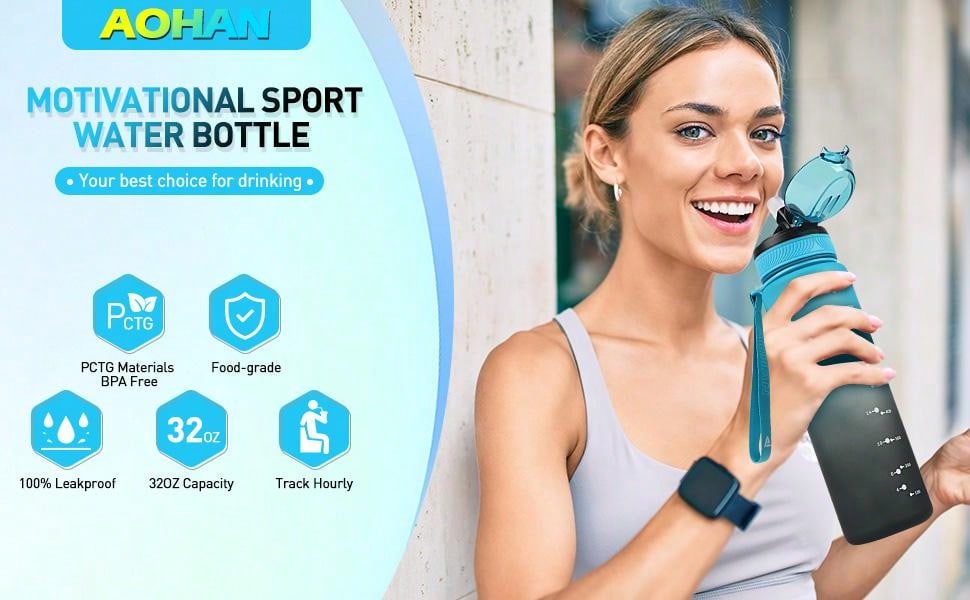 AOHAN 1PC 1L Water Bottles With Straw Leakproof Motivational Sports