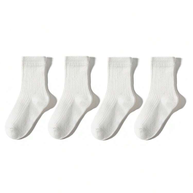 4 pairs of solid color mid-calf children's round socks for boys and girls, open comfortable casual socks, suitable for children and teenagers to wear outdoors - White - View 11