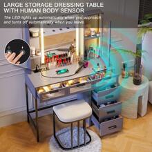 Vanity With LED Lights, Makeup Vanity Desk With Charging Station,Vanities Set With LED Mirror, Vanitys Dressing Table With 6 Drawers/Stool As Gifts For Women - 灰色 - 查看 6
