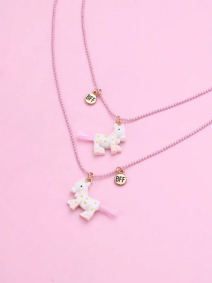 2pcs set Cute Resin Horse Pendant Necklace For Little Girls Suitable As Best Friends Forever bff Jewelry Gift
