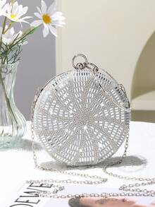 Round Rhinestone Decor Evening Clutch Bag, Sparkling Rhinestone Handle, Perfect For Classic Wedding, Party, Evening, Birthday Gift - Silver - View 4