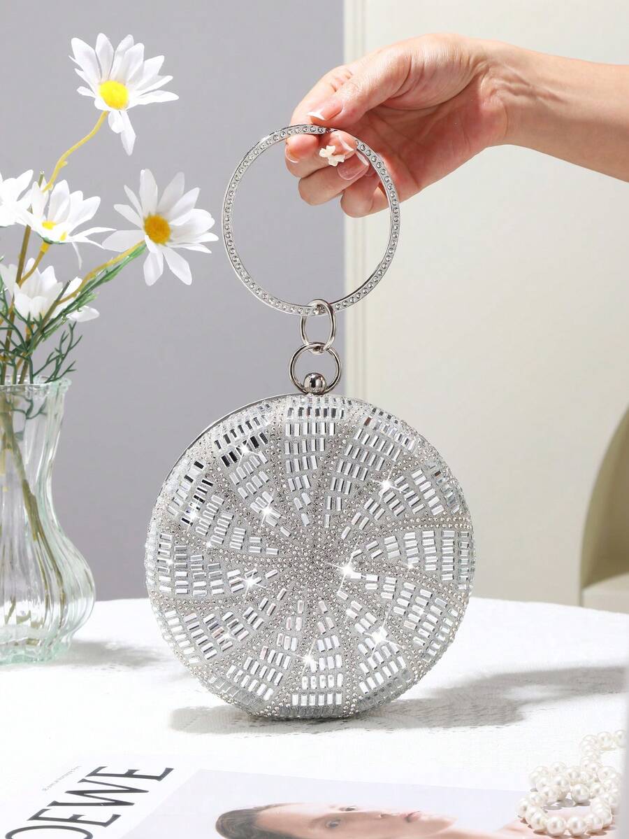 Round Rhinestone Decor Evening Clutch Bag, Sparkling Rhinestone Handle, Perfect For Classic Wedding, Party, Evening, Birthday Gift