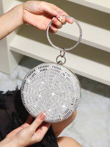 Round Rhinestone Decor Evening Clutch Bag, Sparkling Rhinestone Handle, Perfect For Classic Wedding, Party, Evening, Birthday Gift - Silver - View 3