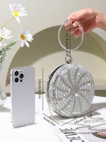 Round Rhinestone Decor Evening Clutch Bag, Sparkling Rhinestone Handle, Perfect For Classic Wedding, Party, Evening, Birthday Gift - Silver - View 8