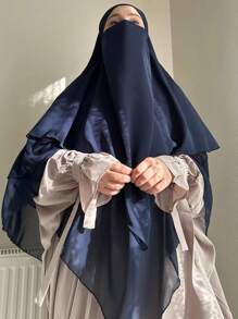 1pc Three Layer Muslin Conservative Headscarf, Dubai Solid Color Khimar Hijab Shawl Casual - Navy Blue - View 4