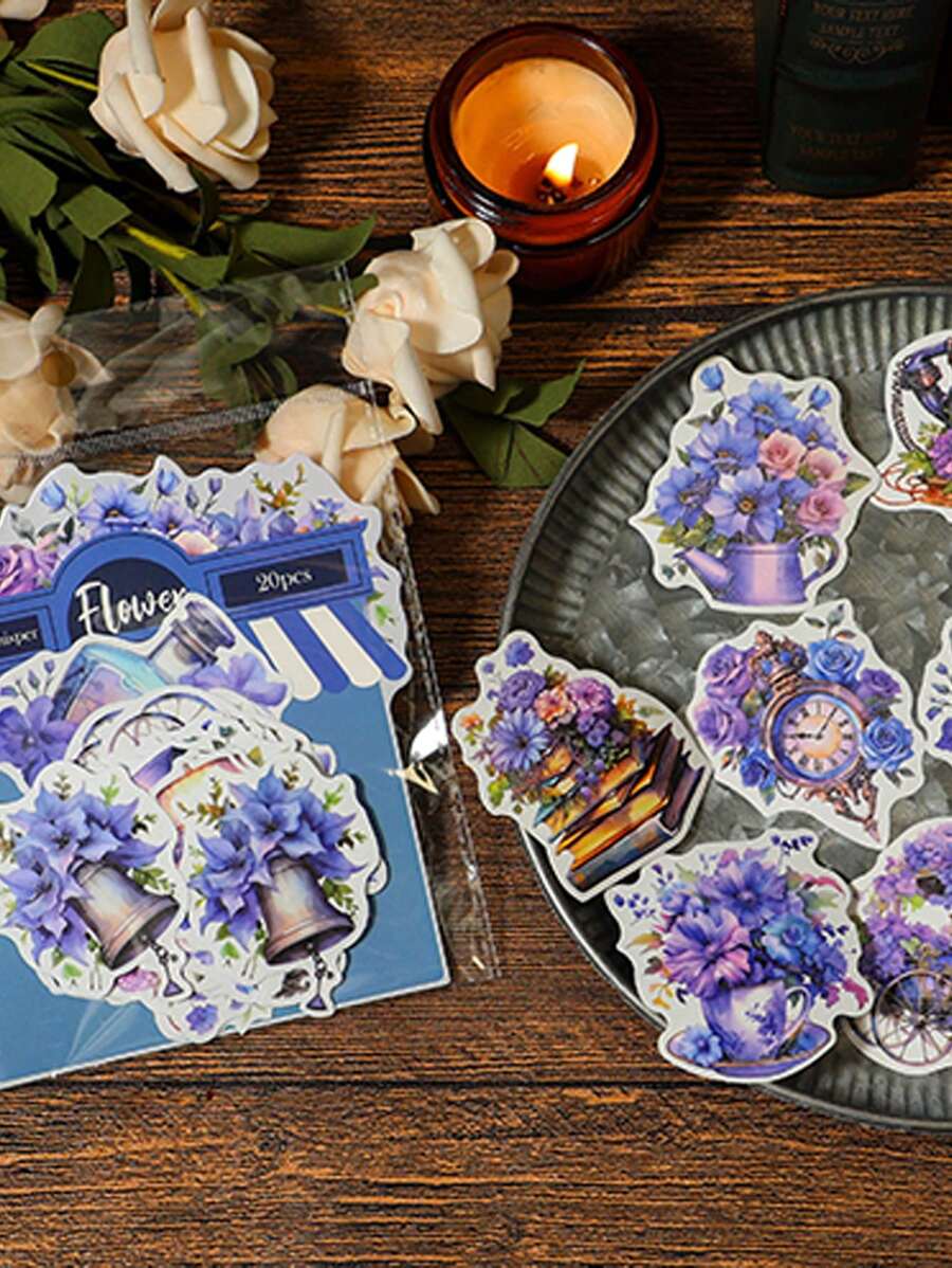 20pcs/pack Weekend Flower Shop Series Special Oil And Paper Flowers Collage Stickers - Blue - View 1