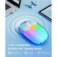 Mambasnake 無線滑鼠,2.4ghz與usb迷你接收器配對,可愛的靜音無線滑鼠,透明外殼,7種rgb燈光背光,1600dpi光學跟踪,400mah充電電池,便攜式無噪音滑鼠 - 藍色 - 查看 2