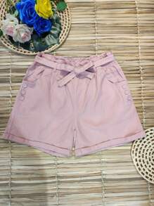 Short sarja com cinto botão novo - Rosa chiclete - Visão 1