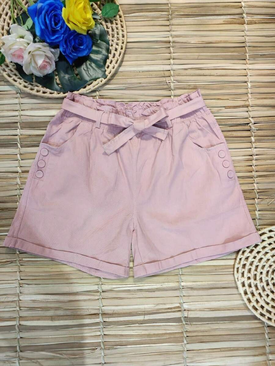 Short sarja com cinto botão novo - Rosa chiclete - Visão 1