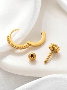 1 件簡約時尚不銹鋼微鑲錐形吊墜幾何耳夾和花形軟骨耳環