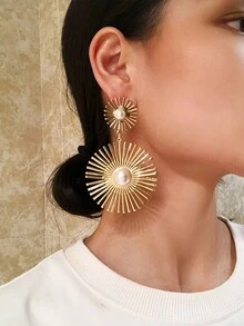 2 件裝流行時尚珍珠耳環,鏤空金屬花卉設計女式 - 圓形耳環 - 查看 1