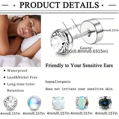 5 paires de boucles d'oreilles à tige pour cartilage en acier inoxydable chirurgical, dos à vis plat, hypoallergéniques, adaptées aux peaux sensibles, avec diamant CZ et spirale en fausse perle