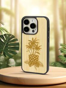 1 pieza Funda de teléfono minimalista de bambú con diseño de planta en maceta de árbol de coco compatible con Apple iPhone - Amarillo - Ver 1
