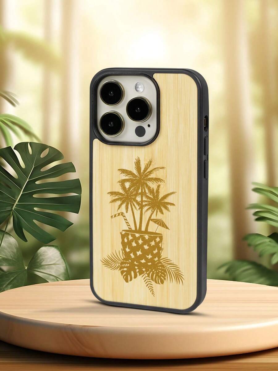 1 pieza Funda de teléfono minimalista de bambú con diseño de planta en maceta de árbol de coco compatible con Apple iPhone - Amarillo - Ver 1