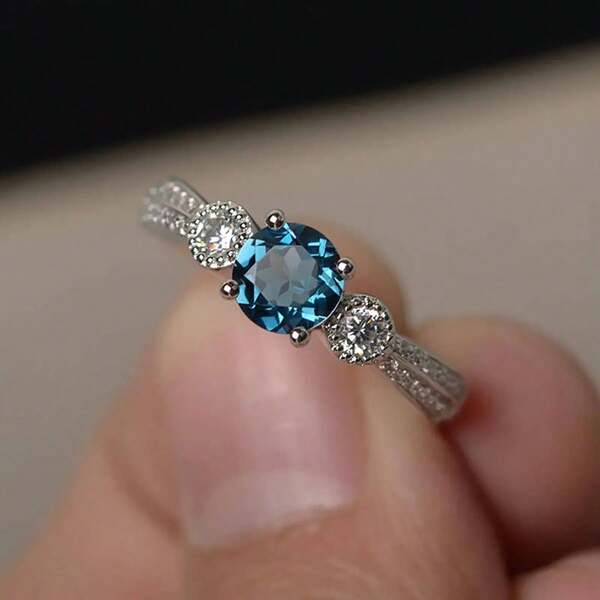 1 Pieza Vintage Simple Azul Cz Cristal Joyería De Moda Para Mujer Anillo De Boda De Compromiso De Plata Esterlina
