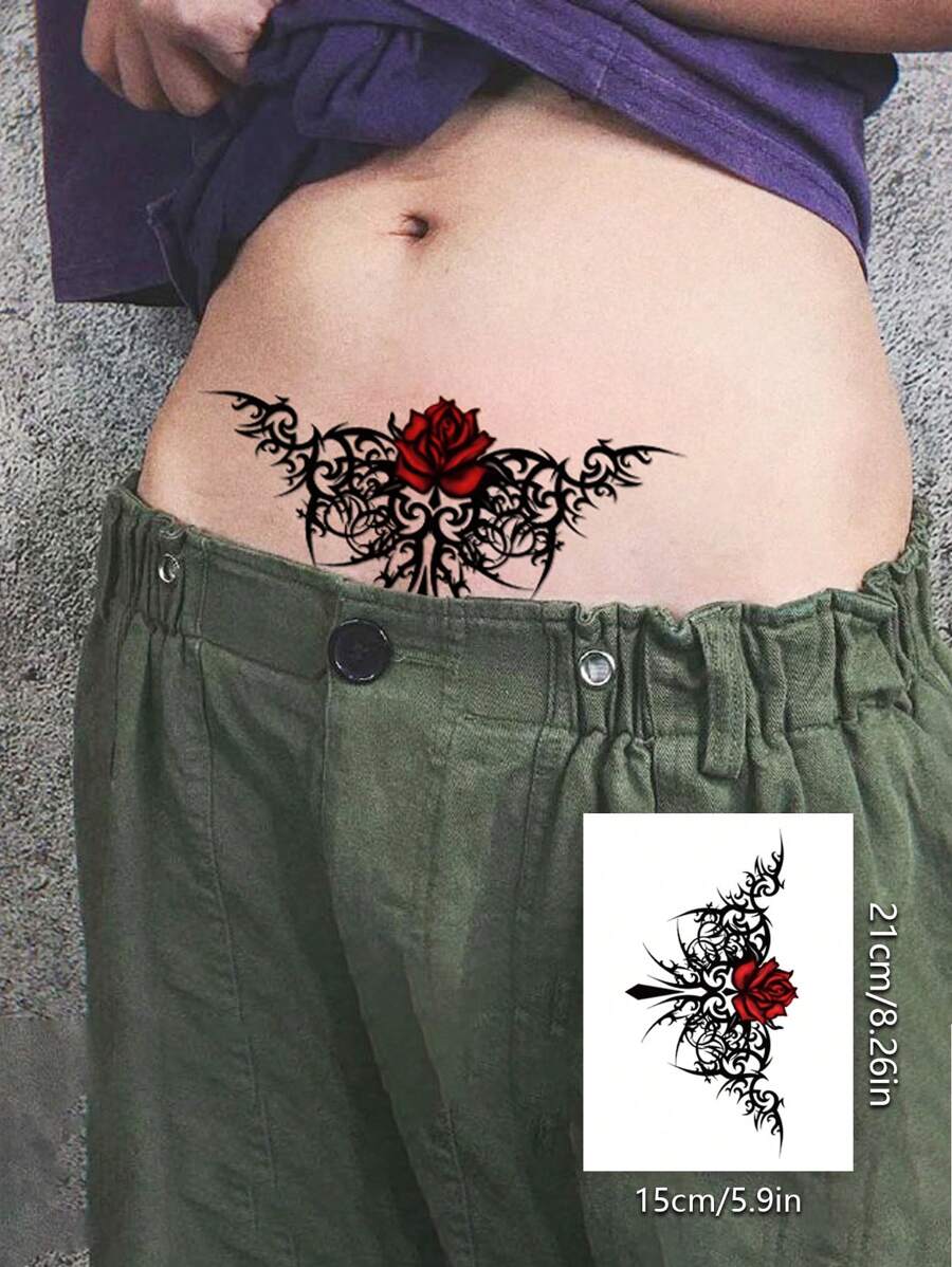 1片玫瑰圖騰紋身貼紙,適用於腹部或大腿 - 彩色 - 查看 1