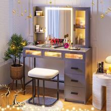 Vanity With LED Lights, Makeup Vanity Desk With Charging Station,Vanities Set With LED Mirror, Vanitys Dressing Table With 6 Drawers/Stool As Gifts For Women - 灰色 - 查看 5