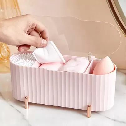 1个多功能化妆海绵收纳盒，带清洁棒，防尘防水电镀化妆品收纳盒，桌面三格设计，带盖，浴室收纳架，大容量化妆工具收纳盒，珠宝盒，化妆包，化妆刷架，香水收纳盒，化妆包，女士礼物，圣诞礼物，女士礼物创意，房间装饰