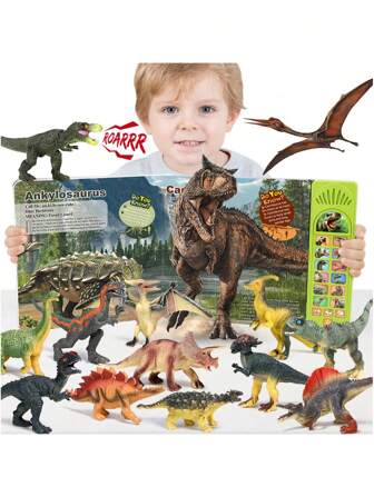 Dinosaur Toys for kids 3-5 with Interactive Dinosaur Book & 12 PCS Toddler Dinosaurs Figures, Learning Dino Book w/ Adjustable Volume, Storytelling & QA Test, Educational Birthday Gift for Boys Girls