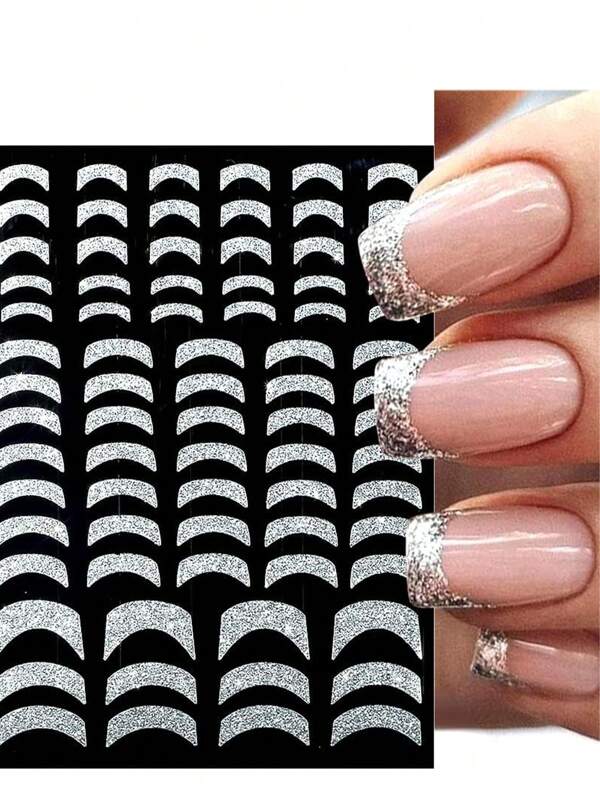 1 Feuille De Stickers D'ongle De Style Élégant De Lignes Françaises, Brillant Argenté, Autcollant 3d, Adhésif, Courbe Métallique, Designs De Lignes De Rayures Pour La Décoration De Manucure Pour Femmes
